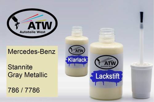 Mercedes-Benz, Stannite Gray Metallic, 786 / 7786: 20ml Lackstift + 20ml Klarlack - Set, von ATW Autoteile West.